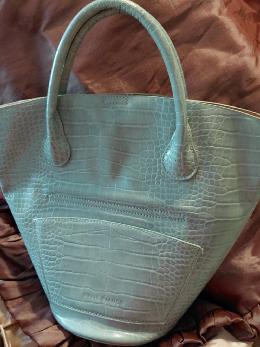 NWOT Melie Bianco Nicole Light Aqua Vegan Faux Croc Bucket Tote Bag